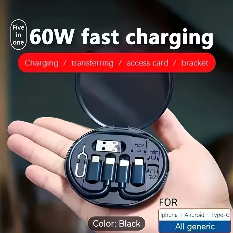 5-in-1 Pocket Travel Cable Kit – Minimum 60W Fast Charging, iPhone, Android & Type-C in One Case