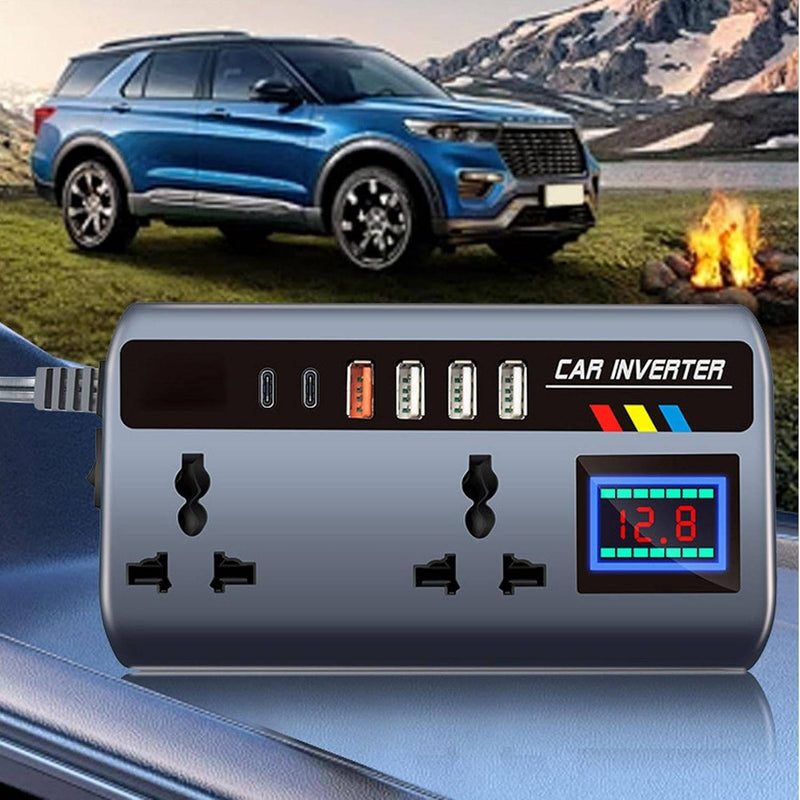 Universal Car Power Inverter 12V to 220V with Dual AC Sockets, Fast USB Charging & Digital Display