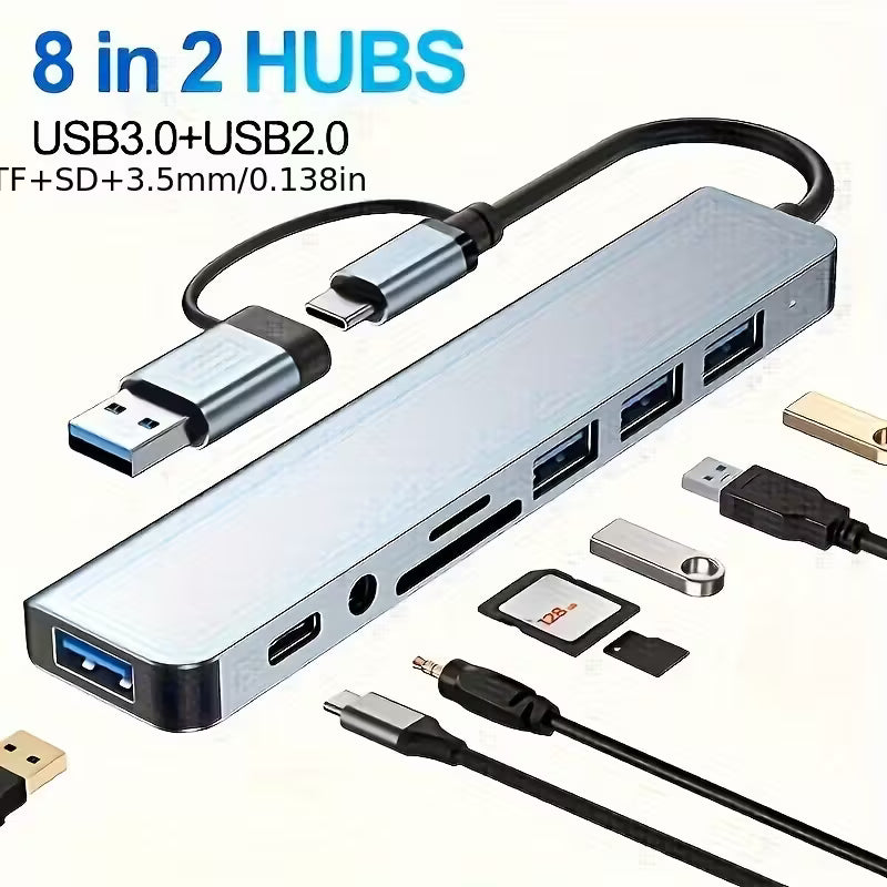 Aluminum 8-in-1 Dual Head USB Hub – USB 3.0 + 2.0, SD/TF Slots, Audio Jack & Type-C Port